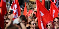 Eine Demonstration: Rote Fahnen und ein Transparent gegen die AfD, das Hass als ekelhAfD bezeichnet