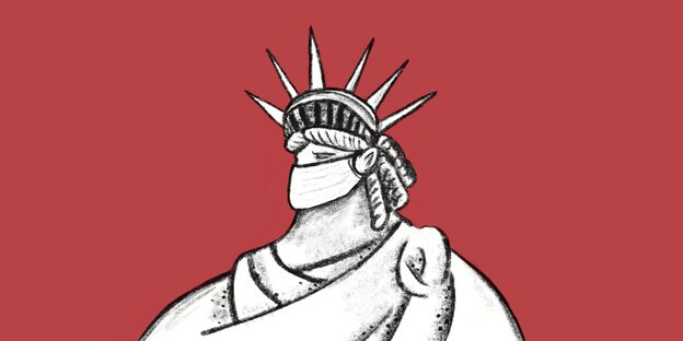 Illustraition: Die Freiheitsstatue mit Mundschutz vor rotem Hintergrund