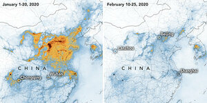 2 Karten zeigen die Konzentrationen von Stickstoffdioxid (NO2) in ganz China vom 1. bis 20. Januar 2020 (vor der Quarantäne wegen des Coronavirus) und vom 10. bis 25. Februar (während der Quarantäne). Die Daten wurden mit dem Troposphären-Überwachungsin