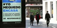 drei Menschen mit Atemmasken laufen eine Straße entlang. An einem Haus hängt ein Schild, auf dem auf spanisch steht. "Ich bleibe zu Hause. Sei verantworlich"