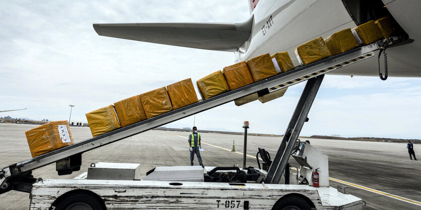 Pakete werden per Förderband aus einem Flugzeug entladen.