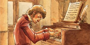 Ein gezeichneter Beethoven beim Klavier-Spielen
