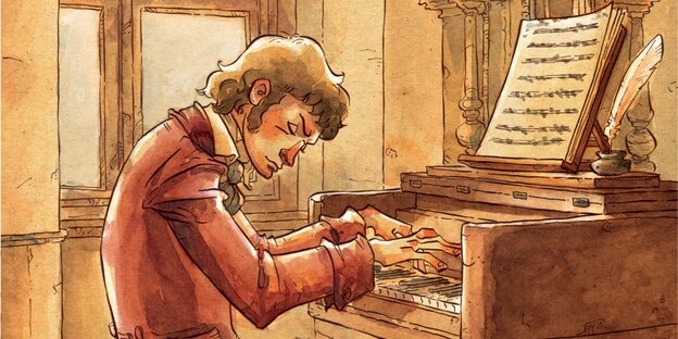 Ein gezeichneter Beethoven beim Klavier-Spielen
