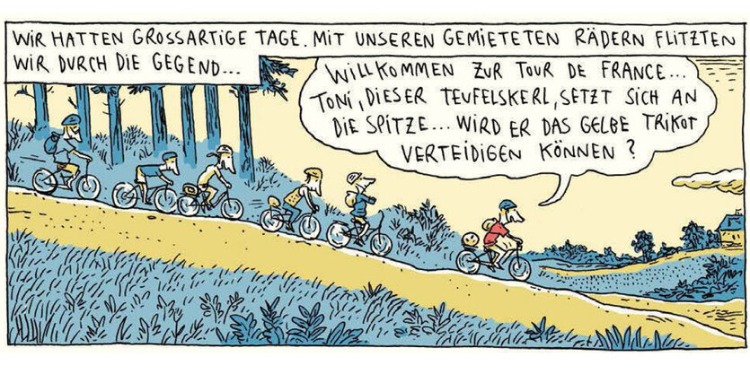 Comic: Fahrradfahrer in einer Reihe fahren bergab vor einem Wald