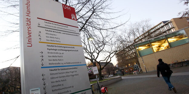 Ein Wegweiser steht auf dem Campus der Universität Hamburg.