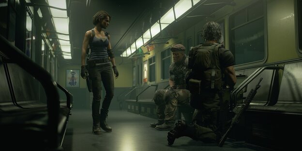Screenshot: Eine bewaffnete Frau und zwei bewaffnete Männer in der U-Bahn
