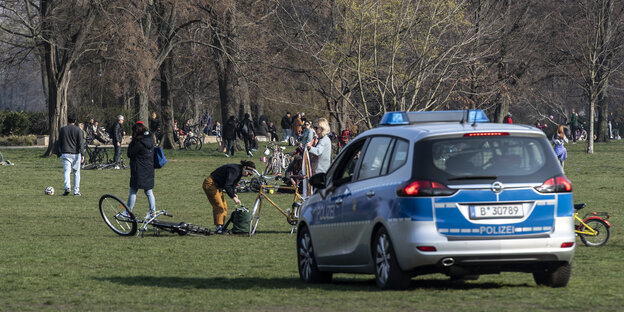 Ein Polizeiwagen fährt über Rasen durch einen Park
