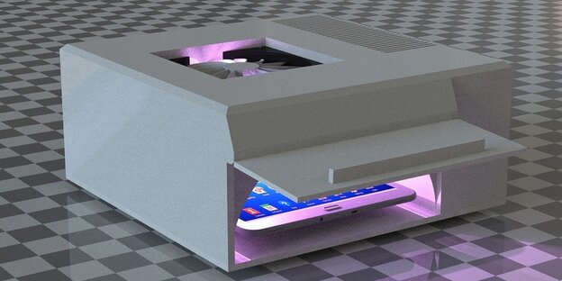 Das mikrowellenförmige Gerät desinfiziert Smartphones und Tablets mit ultravialettem Licht Das mikrowellenförmige Gerät desinfiziert Smartphones und Tablets mit ultravialettem Licht