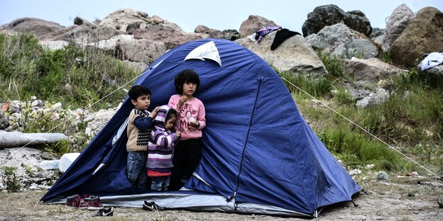 drei kleine Kinder stehen vor einem blauen Campingzelt