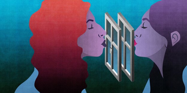 Eine Illustration, sie zeigt zwei Frauen, die einen Kuss andeuten, aber zwischen ihnen sind zwei Fensterscheiben