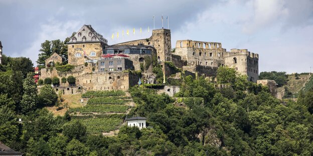 Die Burg Rheinfels vom Rhein ausgesehen