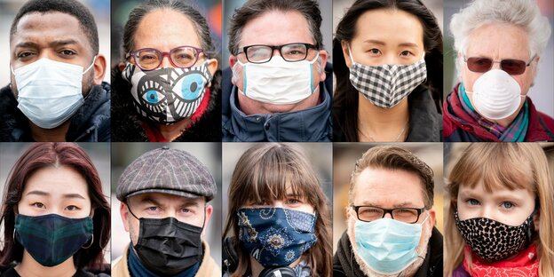 Die Fotokombo zeigt Berliner mit einem Mund- und Nasenschutz