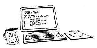 Ein gezeichneter Computer, auf dessen Bildschirm 574 zu beaarbeitende Kommentare angezeigt werden, daneben eine Kaffeetasse