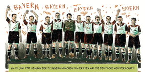 Zeichnung einer Fußballmannschaft. Fans rufen "Bayern, Bayern"