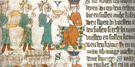 Eine Zeichnung zeigt die Wahl des deutschen Königs um 1300