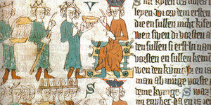 Eine Zeichnung zeigt die Wahl des deutschen Königs um 1300