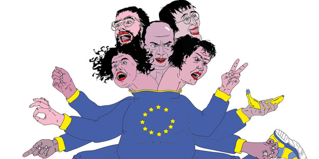 Eine Illustration. Ein einziger menschlicher Körper, aus dem fünf Köpfe und Acht Arme hervorragen. Der Körper trägt einen blauen Pullover auf dem die Sterne der EU zu sehen sind.