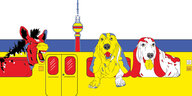 Illustration mit Tieren, die aus einer S-Bahn am Berliner Alexanderplatz schauen