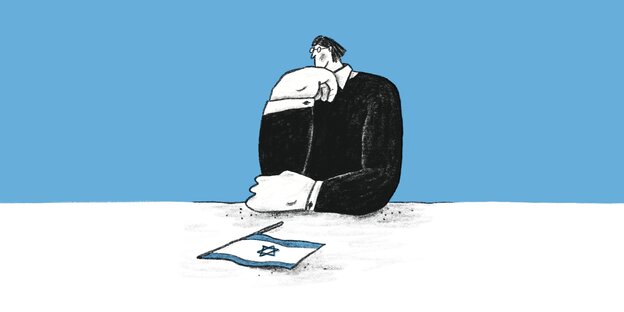 Zeichnung einer Person, die nachdenklich auf eine Flagge Israels schaut.
