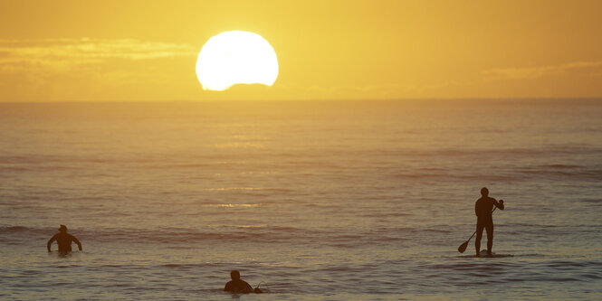 Sufer vor dem Sonnenaufgang bei Christchurch