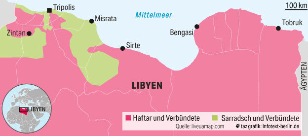 Eine Karte zeigt den Konflikt in Libyen Eine Karte zeigt den Konflikt in Libyen