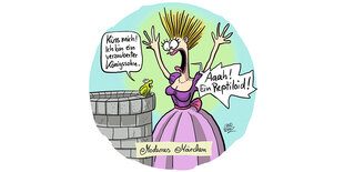 Karikatur einer ensetzt schauenden Prinzessin an einem Brunnen, auf dessen Rand ein Frosch hockt, der die Prinzessin zu einem Kuss auffordert