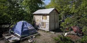 Ein Zelt und ein kleiner Geräteschuppen zwischen Bäumen