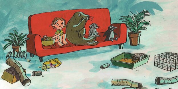 Illustration: Junge mit Tieren auf rotem Sofa