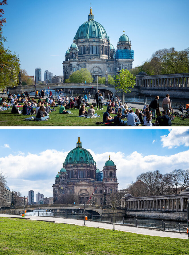 Wiese vor einer Kirche, oben voll, unten leer