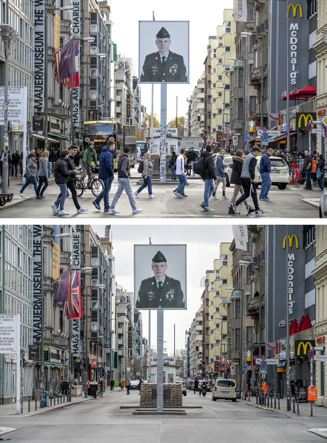 Friedrichstraße, oben mit vielen, unten ohne Menschen