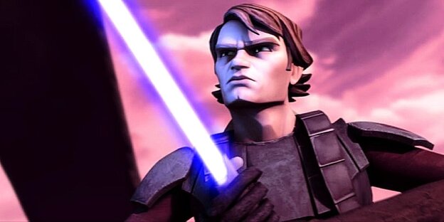 Szene aus der Serie "The Clone Wars", 3D-animierte Figur mit Lichtschwert