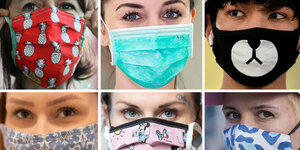 Sechs verschiedene Frauen mit Masken vor Mund und Nase
