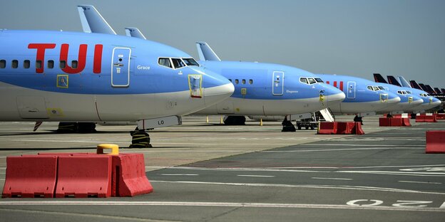 Flugzeuge des Unternehmens TUI stehen auf dem Flugfeld des Brüssler Flughafens.