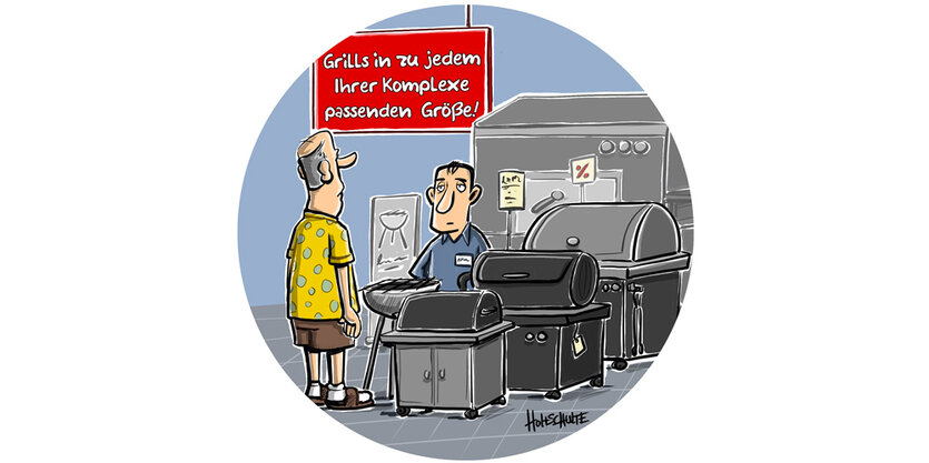 Illustration: Ein Verkäufer steht neben mehreren Grills, davor ein Käufer mit Hemd und kurzer Hose. Über ihnen hängt ein Schild: "Grills in zu jedem ihrer Komplexe passenden Größen"