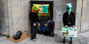Zwei Menschen protestieren mit Echsenmasken gegen die verschwörungsideologischen Hygiene-Demos