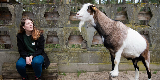 Eine Tierpflegerin sitzt neben einer Ziege im Zoo