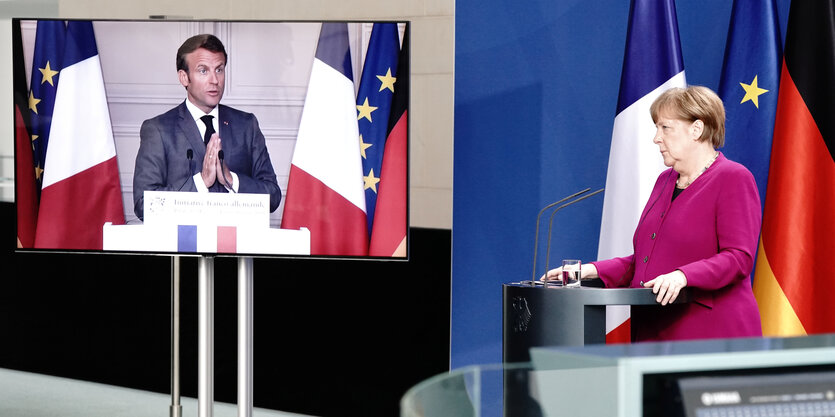 Merkel und Macron bei der Video Pressekonferenz