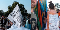 ein Mann trägt einen gebastelten Papierhut aus dem Demokratischen Wiederstandsflugblatt , daneben demonstrierende mit Fahnen