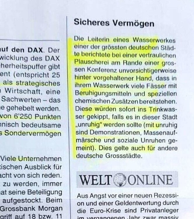 Screenshot von einer angeblichen Zeitungsmeldung, in der eine Stelle gelb markiert ist