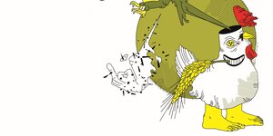 Illustration mit einem blinden Huhn, das Menschenfüße und einen offenen Schädel hat. Außerdem ist ein Stinkefinger zu sehen und die Krallen eines Greifvogels, die oben ins Bild reinragen.