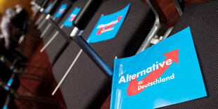 Fahnen der AfD liegen vor Beginn einer Wahlkampfveranstaltung in den Sitzreihen.