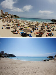 Strand in Spanien mit und ohne BesucherInnen.