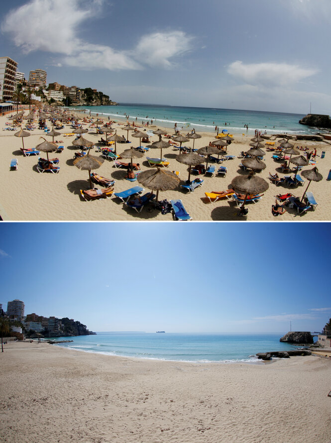 Strand in Spanien mit und ohne BesucherInnen.