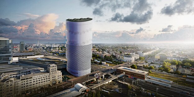 Eine Fotomontage: Anstatt des 140 Meter hohen Edge Towers ist auf den Architekten-Entwurf ein Alexa-Abhörgerät montiert