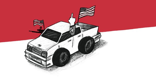 Zeichnung eines Pickups mit US-Fahne, aus den Auto ragt ein Gewehr, der Fahrer hält seinen ausgestreckten Mittelfinger aus dem Fenster