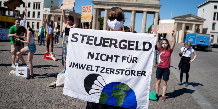 Frau mit einem Protestschild "Steuergelder nicht für Umweltzerstörer