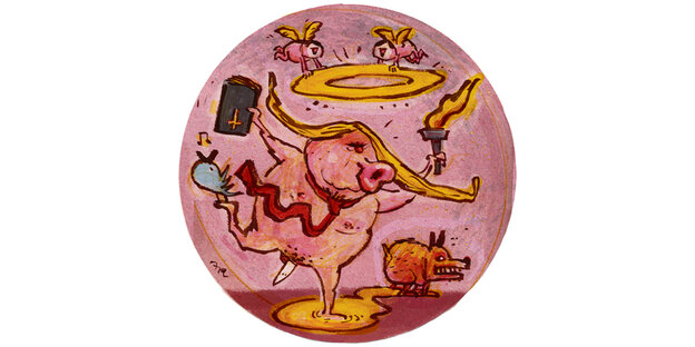Illustration: Trump in der Gestalt eines Schweines, das in der einen Hand eine Fackel, in der anderen eine Bibel hält - mit einem Bein steht er in der Urinlache, verursacht durch einen pinkelnden Hund