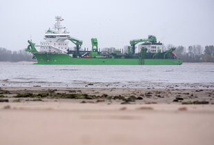 Auf einem Fluss ein grünes Schiff, davor Strand