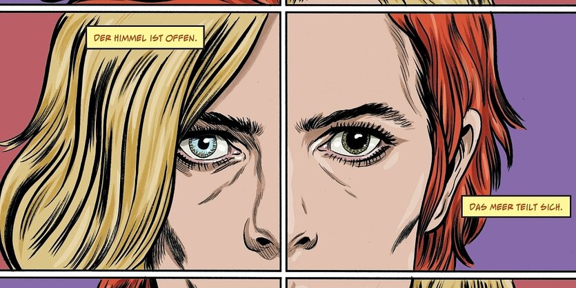 Eine Comiczeichnung von David Bowie, auf der seine zwei verschiedenfarbigen Augen im Mittelpunkt zu sehen sind