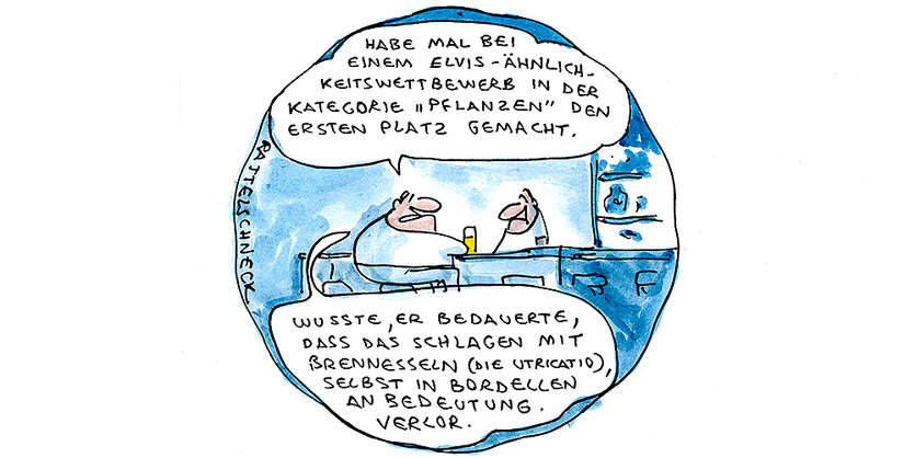 Illustration: Ein beleibter Mann hockt an einem Tresen, vor sich ein Bier. Er unterhält sich mit dem Barkeeper, der hinter dem Tresen steht